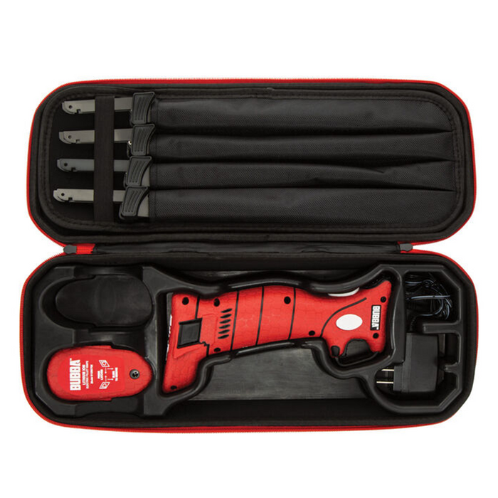 Bubba Lithium Ion Cordless Fillet Knife in red with ergonomic handle, cordless design, including rechargeable battery, charger, and multiple interchangeable stainless steel blades in a black protective case.