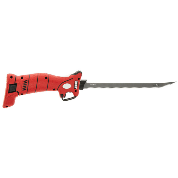 Bubba Lithium Ion Cordless Fillet Knife with a red ergonomic handle and long, serrated stainless steel blade designed for efficient fish filleting and tackle use.