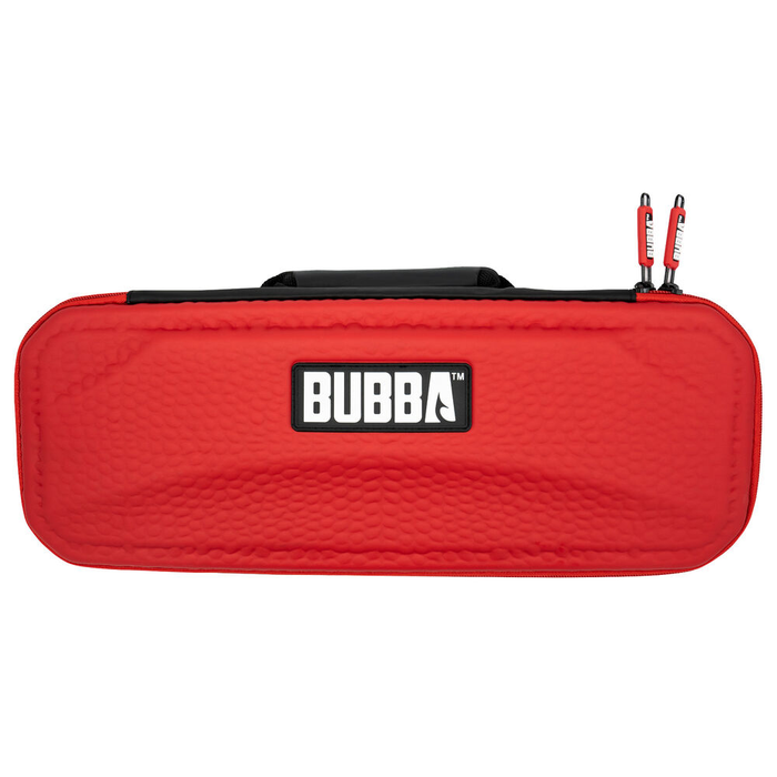 Red textured protective carrying case with black handle and dual zipper pulls, featuring a centered white and black BUBBA logo for the Bubba Lithium Ion Cordless Fillet Knife.