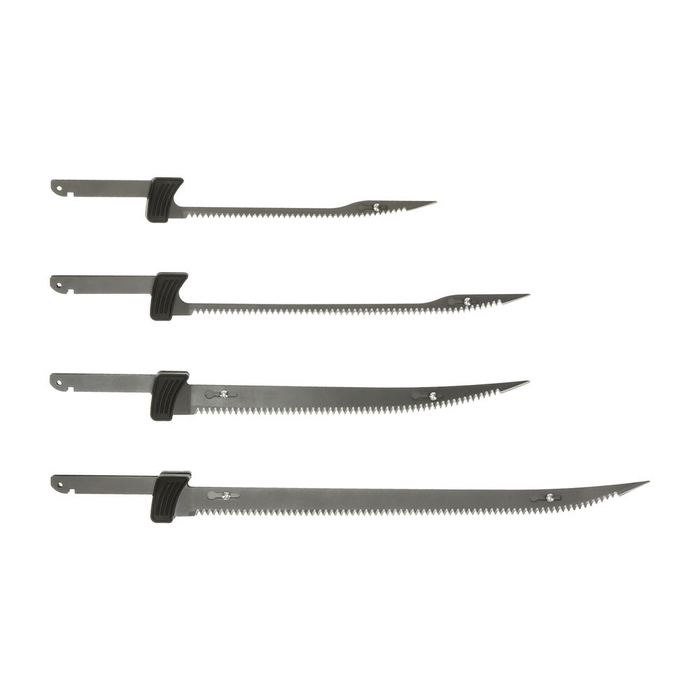 Set of four stainless steel replacement blades with various lengths and serrated edges designed for the Bubba Lithium Ion Cordless Fillet Knife, suitable for precise fish filleting.