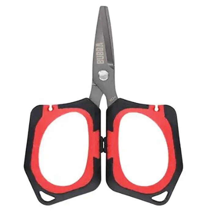 Bubba Micro Shears (Bulk) - POS ONLY, featuring compact stainless steel blades with ergonomic black and red handles, designed for precise cutting of fishing tackle and line.
