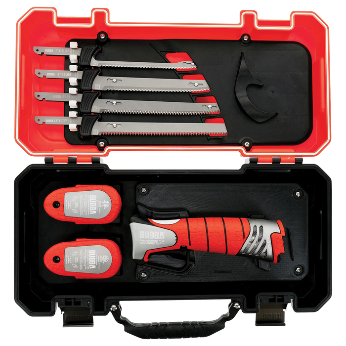 Bubba Pro Series Gen 2 Cordless Fillet Knife with ergonomic red and silver handle, multiple replacement blades, and battery packs neatly organized in a durable black and red carrying case.