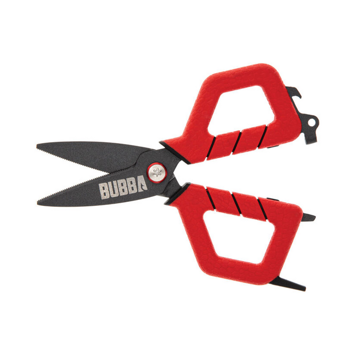 Bubba Shears with red ergonomic handles and black stainless steel blades designed for durable, precise cutting of fishing tackle and lines.