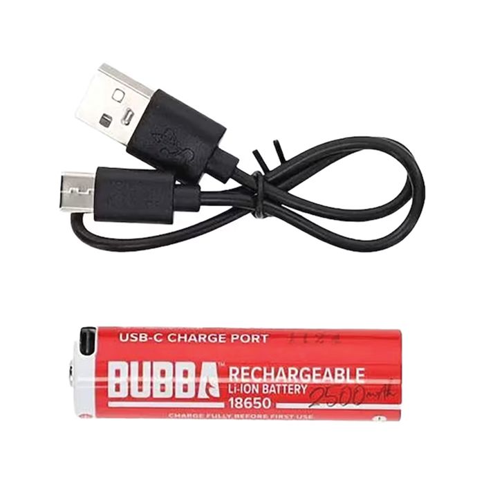 Bubba Smart Scale Rechargeable Battery in red lithium-ion design with USB charging cable featuring USB-A and USB-C connectors for fishing tackle and marine electronics use.