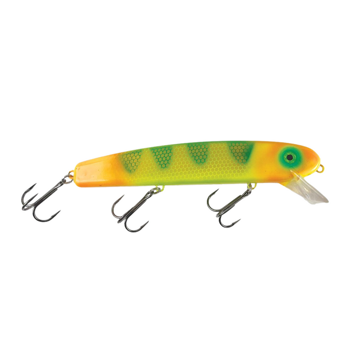Bucher Shallow Raider 9" is a yellow and green fishing lure with three treble hooks and a clear plastic diving lip, designed for musky and freshwater fishing tackle.