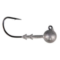 Buckeye G-Stroll Jighead featuring a sharp black fishing hook with a rounded metallic silver weighted head and textured shank, designed for fishing tackle applications.