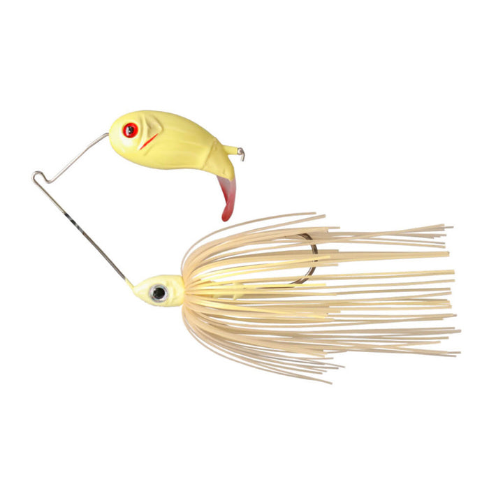 Buckeye Lures Bubbler Blade fishing lure featuring a light yellow fish-shaped head with a red eye, a curved metal wire arm, and beige skirted trailing strands designed for musky fishing.