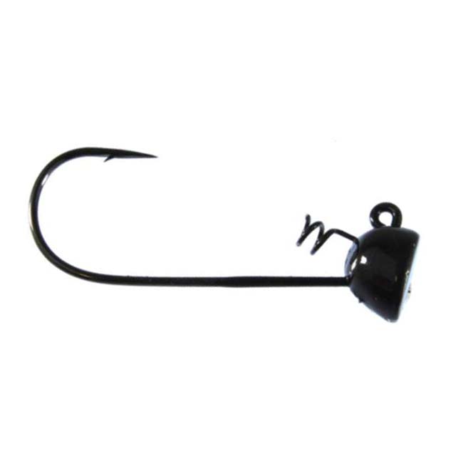 Buckeye Spot Remover Pro Model Jig Head featuring a black weighted head with an integrated hook and screw lock for securely attaching fishing lures, designed for fishing tackle use.