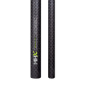 Close-up of two black carbon fiber fishing rod blanks with textured weave pattern, featuring "MHX" label and serial number, part of Bushido 3K Rod Blanks (2 piece) set.