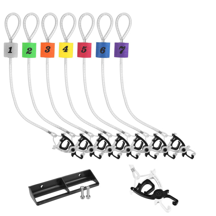 Cal Coast Fishing Clip-N-Cull Kit 2.0 showing seven numbered, color-coded wire clips with black plastic locking mechanisms, a mounting bracket, and screws designed for secure fishing tackle management.