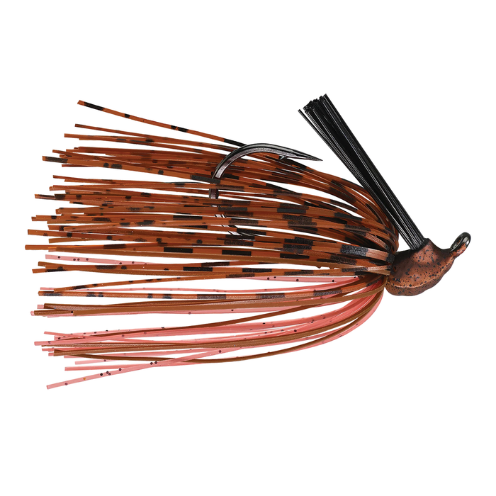 Caperlan RB Jig fishing lure with a copper-colored weighted head and a skirt of orange and pink strands with black speckles, designed for musky fishing tackle.