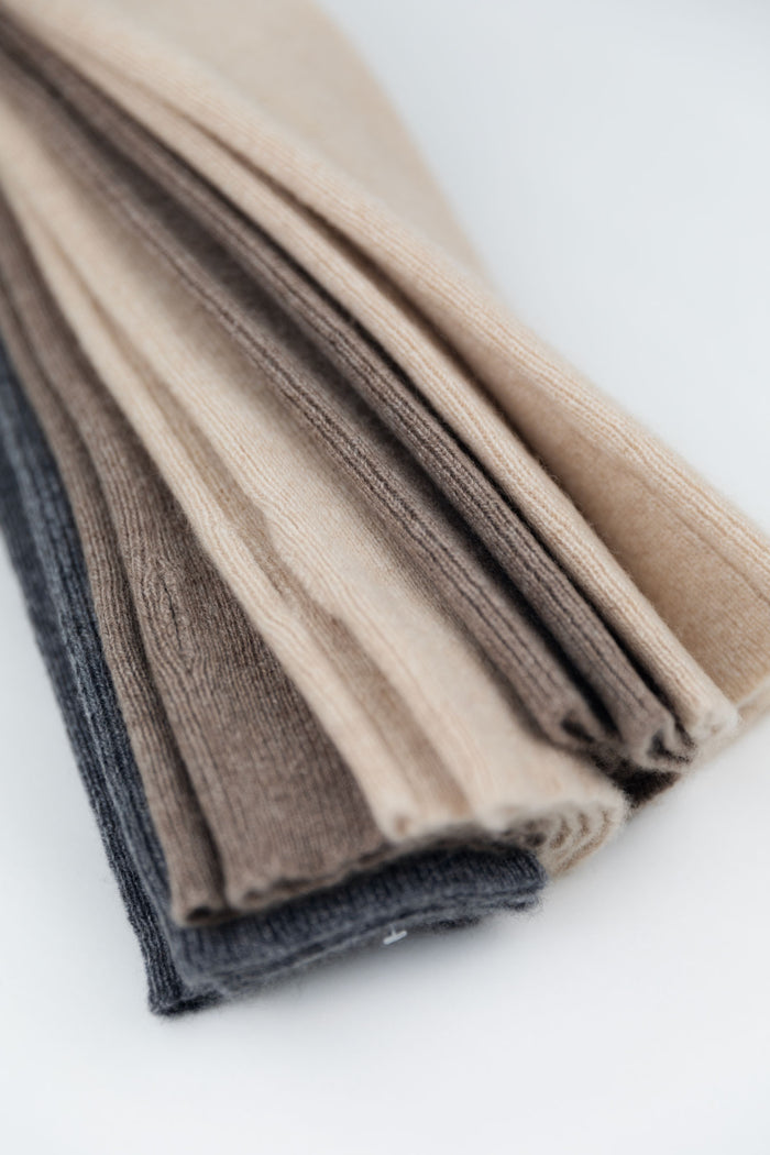 Texture of 100% Mongolian cashmere arm-warmers in natural colours