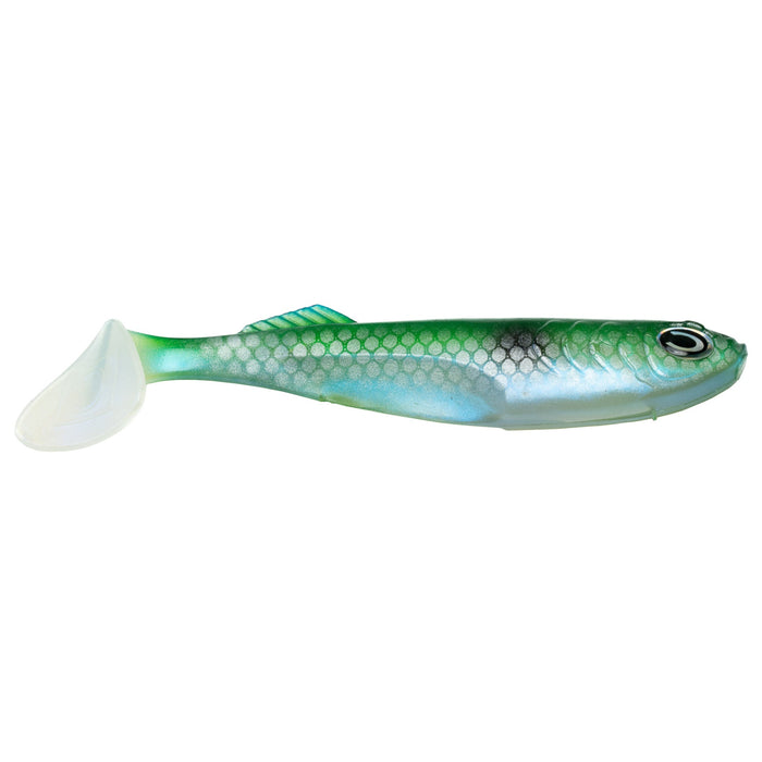 CAST Fishing 6" Prodigy Swimbait with lifelike green and blue scales, detailed eyes, and a soft paddle tail designed for effective fishing tackle performance.