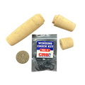 Casting Rod Grip Kit - Split Grip Cork 3.87" Rear - 1" Fore" showing cork handle pieces and a small sealed bag with winding check components for custom fishing rod assembly.