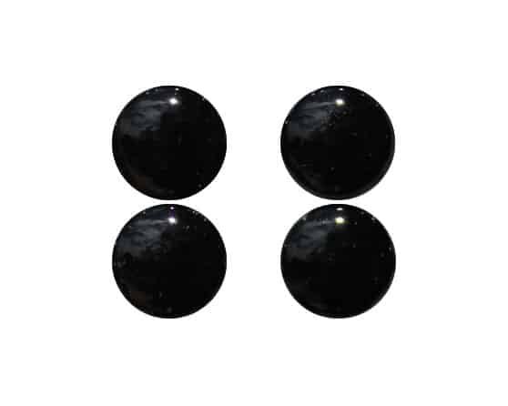 Four glossy black round Catch Fly Fishing Eyes arranged in a square pattern, designed to enhance fishing lures with a realistic appearance.