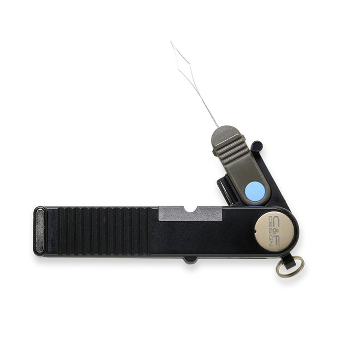 Compact black and gray C&F Design 3-in-1 Clipper with a folding hook threader tool, textured grip handle, and a small metal ring for attaching to fishing gear.