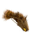 Chocklett Factory Bugger Game Changer fishing lure with brown fur, feather body, and yellow eyes designed for freshwater fishing tackle.