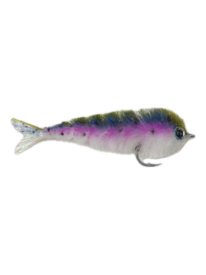 Chocklett Factory Finesse Changer fishing lure designed with soft, colorful fibers in green, purple, and white hues, featuring a realistic eye and single sharp hook for finesse fishing tackle.
