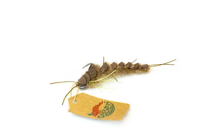 Chocklett Factory Hellgramite Changer fishing lure designed to mimic a brown hellgrammite insect with detailed segmented body and attached tag for fishing tackle use.