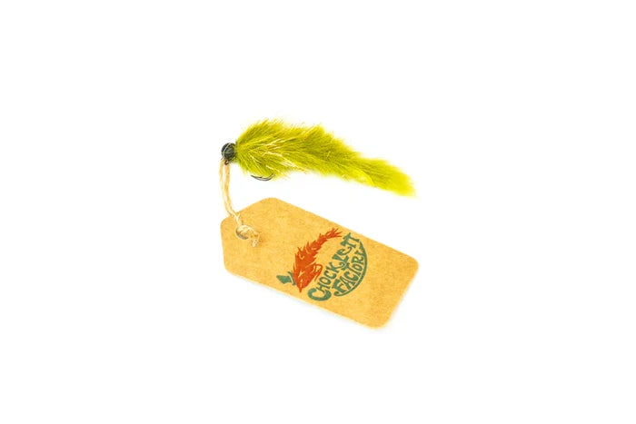 Chocklett Factory Leech Changer fishing lure with olive green marabou feather and weighted black bead head, attached to a branded tag, designed for musky fishing tackle.
