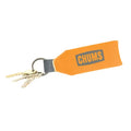Chums Floating NEO Keychain in bright orange with black logo, attached to a metal ring holding several keys, designed for easy visibility and flotation.