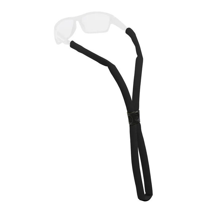 Chums Glassfloat Classic Sunglasses Retainer in black, neoprene material designed to secure sunglasses comfortably during fishing or outdoor activities.