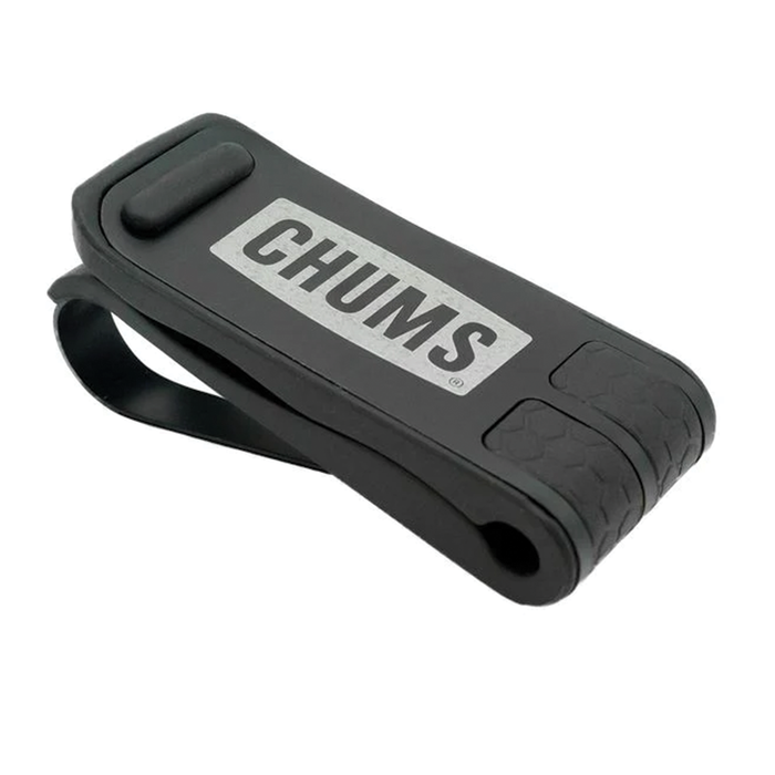 Black and gray Chums Glasshopper Visor Clip made of durable plastic and rubber, designed to securely hold sunglasses or small accessories on a fishing visor or hat.