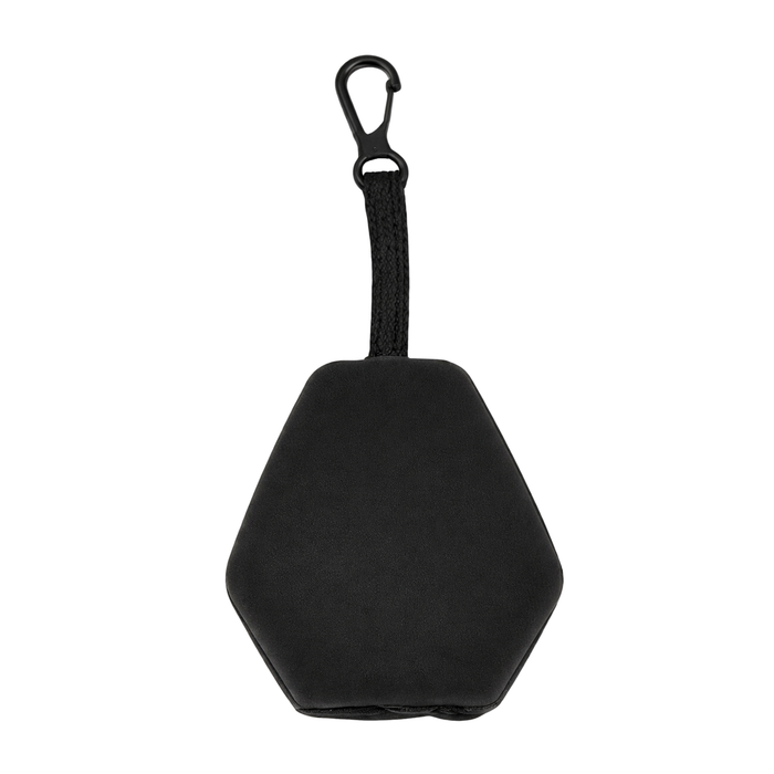 Chums Microfiber Cleaning Pouch MAX in black with a hexagonal shape, attached to a short braided strap and plastic clip for easy securing to fishing tackle or gear.