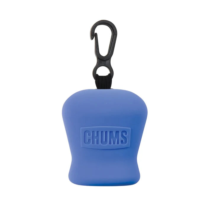 Blue Chums Microfiber Cleaning Pouch with molded logo, compact soft case, and black clip for attaching to fishing gear or tackle bags.