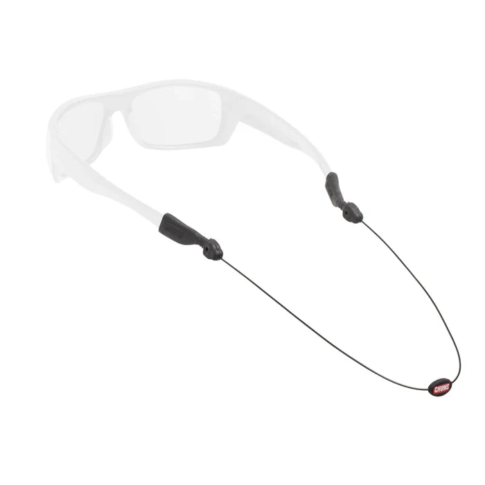 Chums Mono Orbiter Sunglasses Retainer in black, designed to securely hold sunglasses around the neck with adjustable ends for a comfortable fit during fishing and outdoor activities.