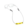 Chums Orbiter Float Sunglasses Retainer shown attached to translucent sunglasses with a bright yellow floating foam piece designed to keep glasses secure and prevent loss in water.