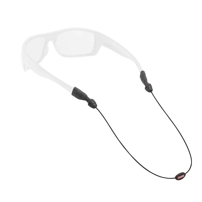 Chums Orbiter Sunglasses Retainer in black, designed to securely hold sunglasses in place with adjustable grips and a durable lightweight cord, ideal for fishing and outdoor activities.