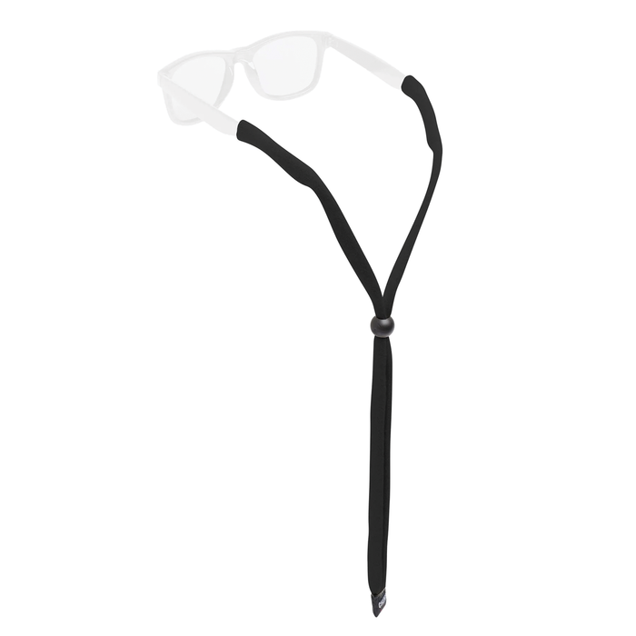 Chums Original Sunglasses Retainer in black, designed to securely hold sunglasses around the neck with adjustable toggle for a comfortable fishing or outdoor activity experience.