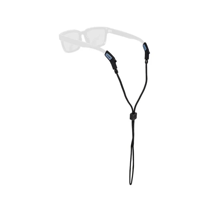 Chums Ripcord 3mm Sunglasses Retainer in black, featuring adjustable cord and secure grips to keep sunglasses safely attached during fishing or outdoor activities.