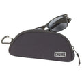 Chums Shade Shelter soft black protective case with zipper and carabiner clip, holding a pair of black framed sunglasses.