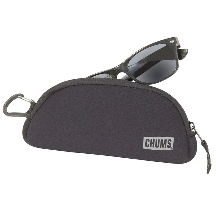 Chums Shade Shelter soft black protective case with zipper and carabiner clip, holding a pair of black framed sunglasses.