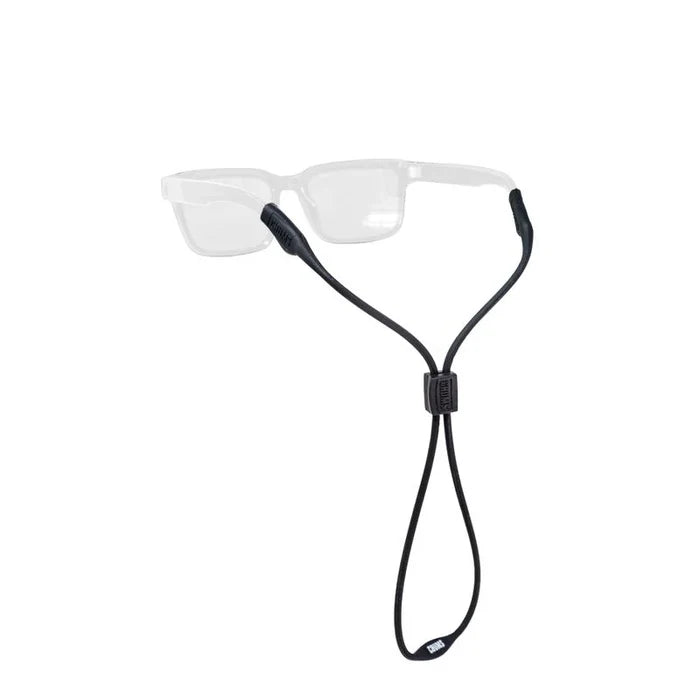 Chums SLIM Sunglasses Retainer in black, featuring adjustable cord with silicone ends designed to securely hold fishing and outdoor eyewear.