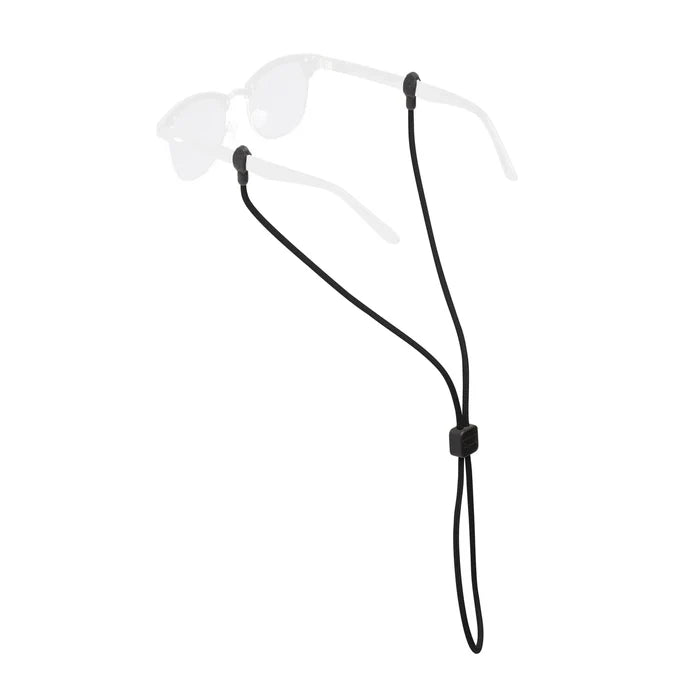 Chums Slip Fit Sunglasses Retainer in black, shown attached to a pair of sunglasses, designed to securely hold eyewear during fishing or outdoor activities.