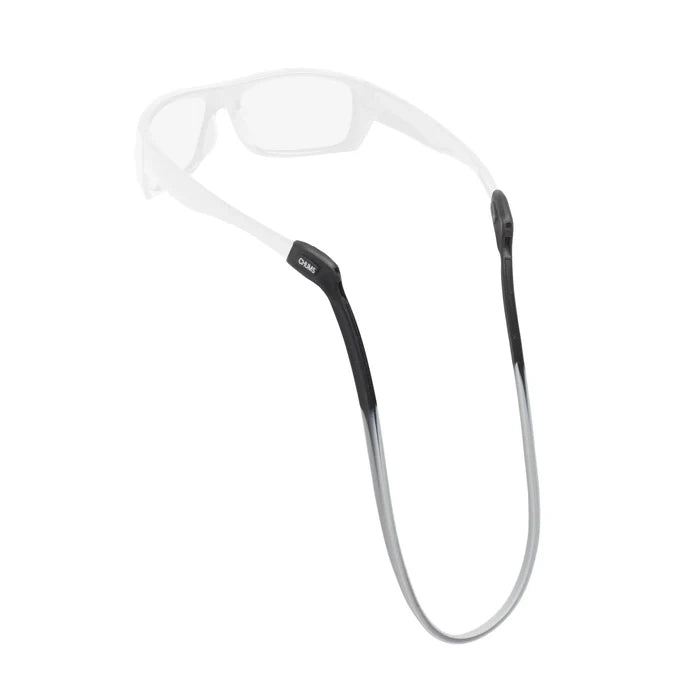 Chums Switchback Sunglasses Retainer in black and gray fade, designed to securely hold sunglasses during fishing and outdoor activities.