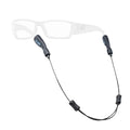 Chums Tideline Adjustable Sunglasses Retainer shown attached to a pair of eyeglass temples, featuring black adjustable ends and a durable cord designed to secure sunglasses during fishing and outdoor activities.