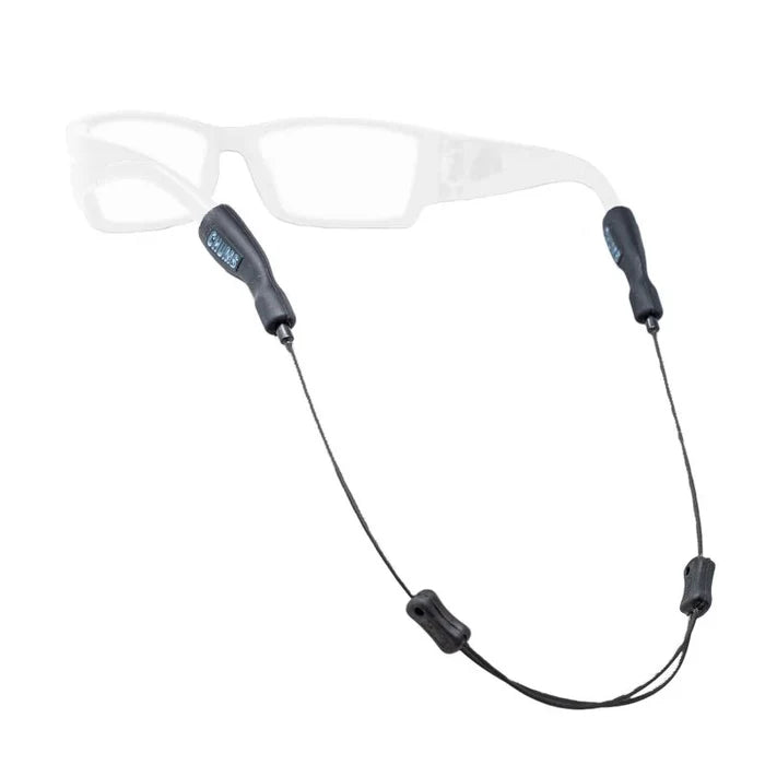 Chums Tideline Adjustable Sunglasses Retainer shown attached to a pair of eyeglass temples, featuring black adjustable ends and a durable cord designed to secure sunglasses during fishing and outdoor activities.