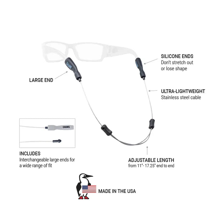 Chums Tideline Adjustable Sunglasses Retainer with silicone ends, ultra-lightweight stainless steel cable, adjustable length from 11 to 17.25 inches, and interchangeable large ends for a secure fit.