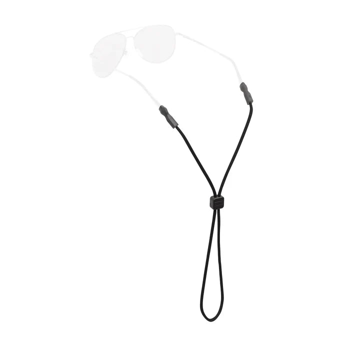 Chums Universal Fit 3mm Sunglasses Retainer in black, designed with adjustable cord and secure grip to keep sunglasses safely around the neck during outdoor fishing activities.