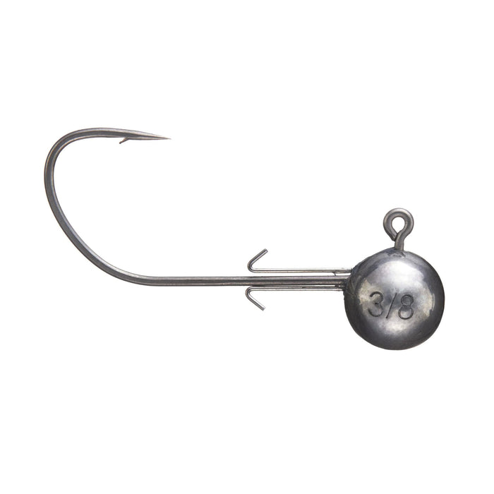 Close-up of a Cipher Fishing Tungsten Elite Scoper Head Jig featuring a sharp hook and a round tungsten jig head marked 3/8, designed for fishing tackle and lure setups.
