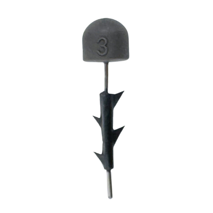 Close-up of a black Cipher Fishing Tungsten Nail Weight with a rounded top marked with the number 3, attached to a thin metal pin and a flexible rubber securing sleeve for fishing tackle.