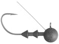 Close-up of a gray fishing jig head with a single sharp hook and a thin wire weed guard, labeled with 3/16 weight, identified as Cipher Tungsten Midstroll Ball Head for fishing tackle.