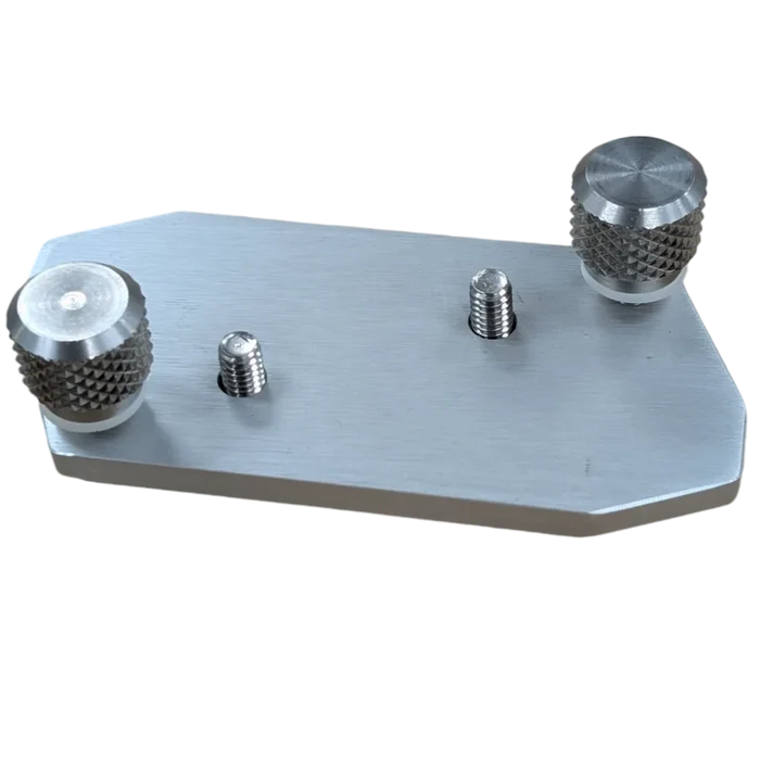 Cisco Drop & Lock Track Mount SKU:MTDNL is a rectangular silver metal plate with two large knurled tightening knobs and two smaller screws for secure attachment, designed for fishing tackle setups.
