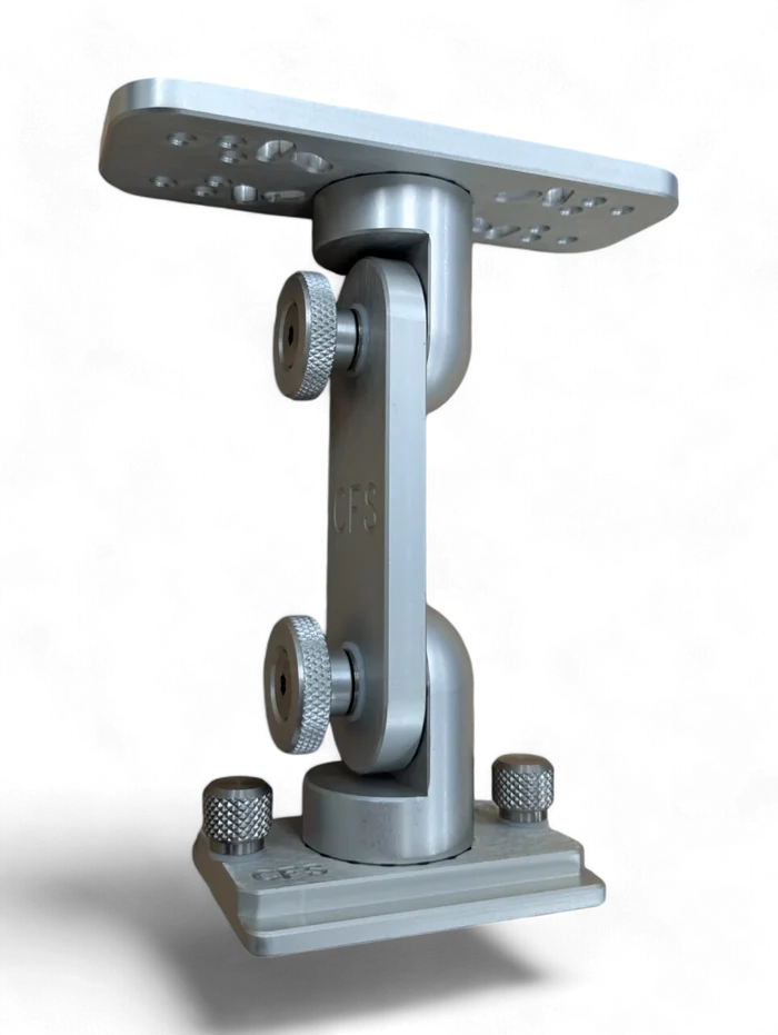 Cisco Dual Articulating Electronics Mount 8" track base SKU: MTHLK-TR8, a silver metal adjustable mount with multiple knobs for securing electronic devices, designed for fishing tackle setups.