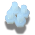 Four white nylon hex screws with threaded shafts, shown close-up on a black background, Cisco Nylon Replacement Screws (4) 3/8" Nylon Hex Screws SKU: XPN42.