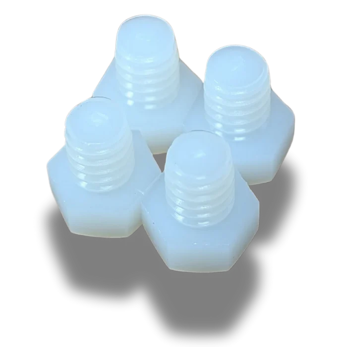 Four white nylon hex screws with threaded shafts, shown close-up on a black background, Cisco Nylon Replacement Screws (4) 3/8" Nylon Hex Screws SKU: XPN42.